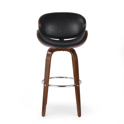Zaine Swivel Barstool Chair, Walnut Veneer, Black Faux Leather