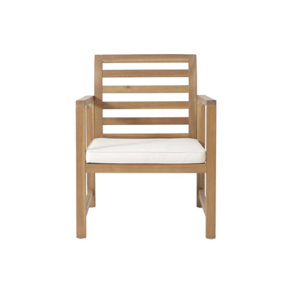 Outdoor Club Chair Set of 2, Slat Back, Brown Acacia Wood, White Fabric