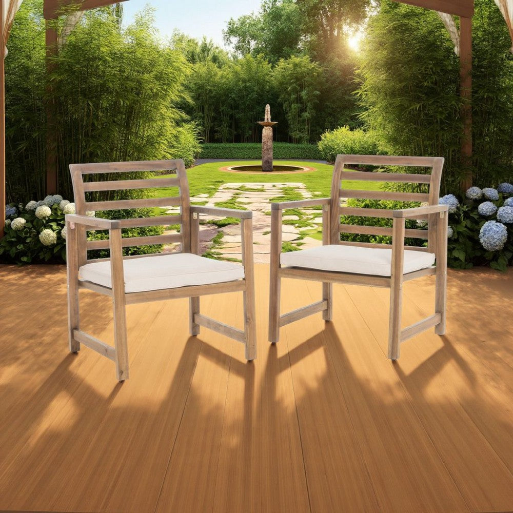 Outdoor Club Chair Set of 2, Slat Back, Brown Acacia Wood, White Fabric