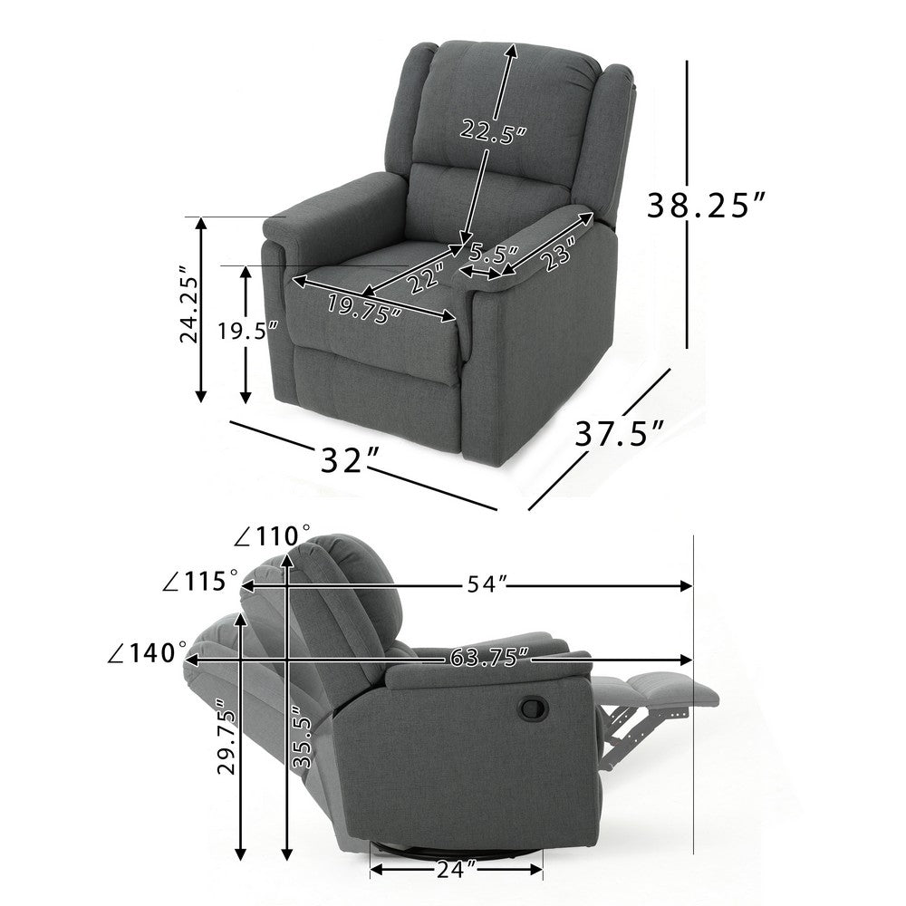 Zune Manual Glider Recliner Chair, Swivel Ergonomic Design, Charcoal Gray