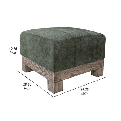 Sama Ottoman, Compact, Solid Pine Wood, 28 Inch, Olive Green Polyester