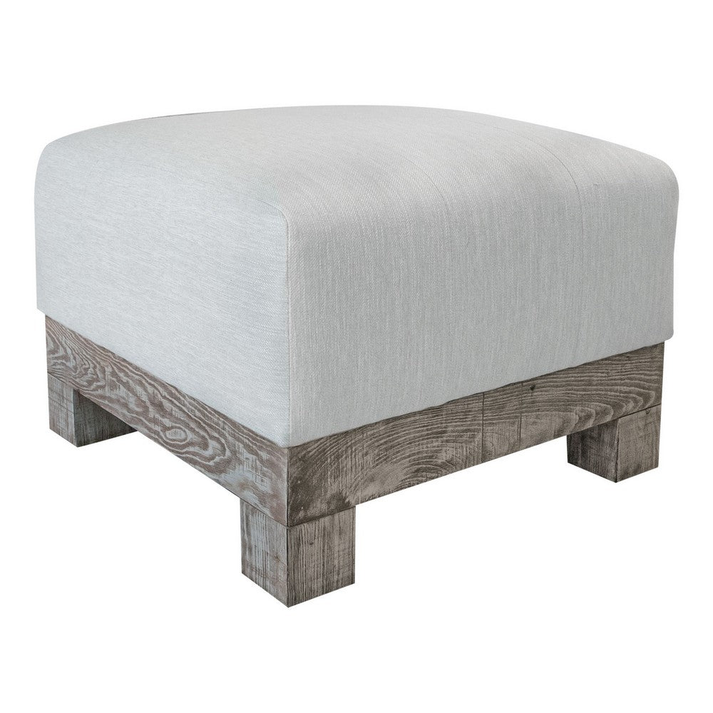 Sama Ottoman, 28 Inch, Compact, Solid Pine Wood, 28 Inch, White Polyester