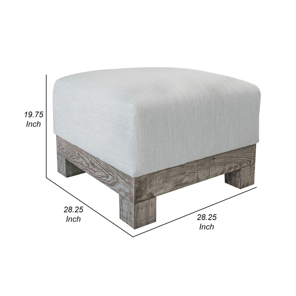 Sama Ottoman, 28 Inch, Compact, Solid Pine Wood, 28 Inch, White Polyester