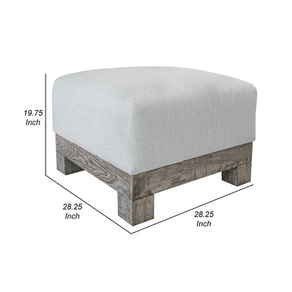 Sama Ottoman, 28 Inch, Compact, Solid Pine Wood, 28 Inch, White Polyester