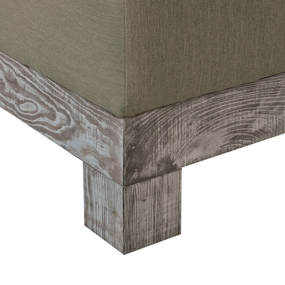Sama Ottoman, 28 Inch, Compact, Solid Pine Wood, 28 Inch, Brown Polyester