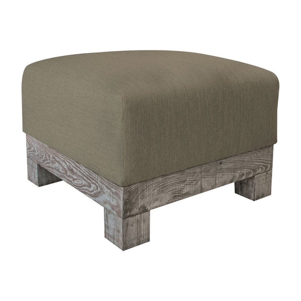 Sama Ottoman, 28 Inch, Compact, Solid Pine Wood, 28 Inch, Brown Polyester