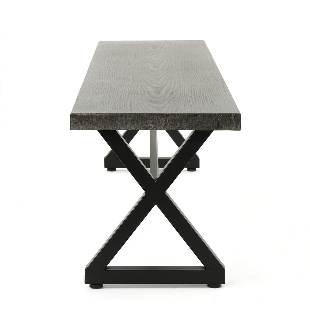 Romita Outdoor Dining Bench, X Shape Legs, Gray Metal, Black Steel, 63 Inch
