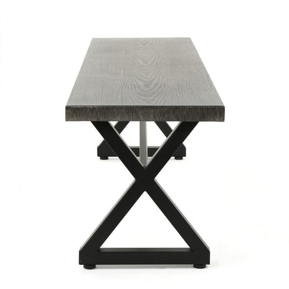 Romita Outdoor Dining Bench, X Shape Legs, Gray Metal, Black Steel, 63 Inch