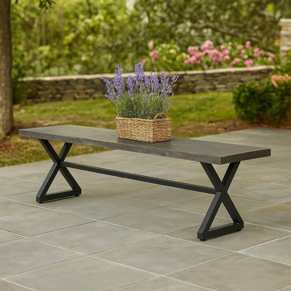 Romita Outdoor Dining Bench, X Shape Legs, Gray Metal, Black Steel, 63 Inch
