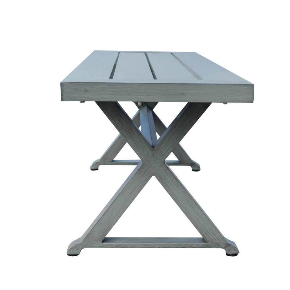 Jica Outdoor Dining Bench, X Shape Legs, Slatted Dark Gray Metal, 59 Inch