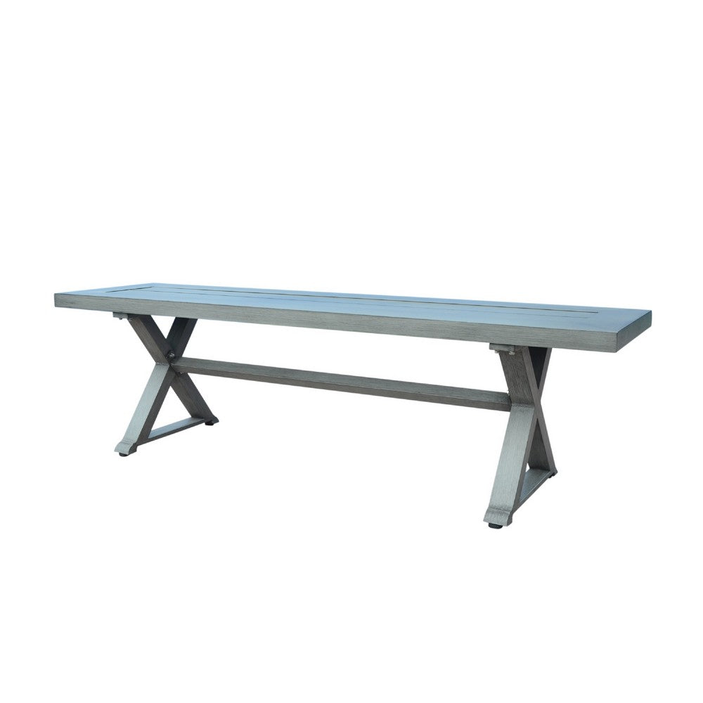Jica Outdoor Dining Bench, X Shape Legs, Slatted Dark Gray Metal, 59 Inch
