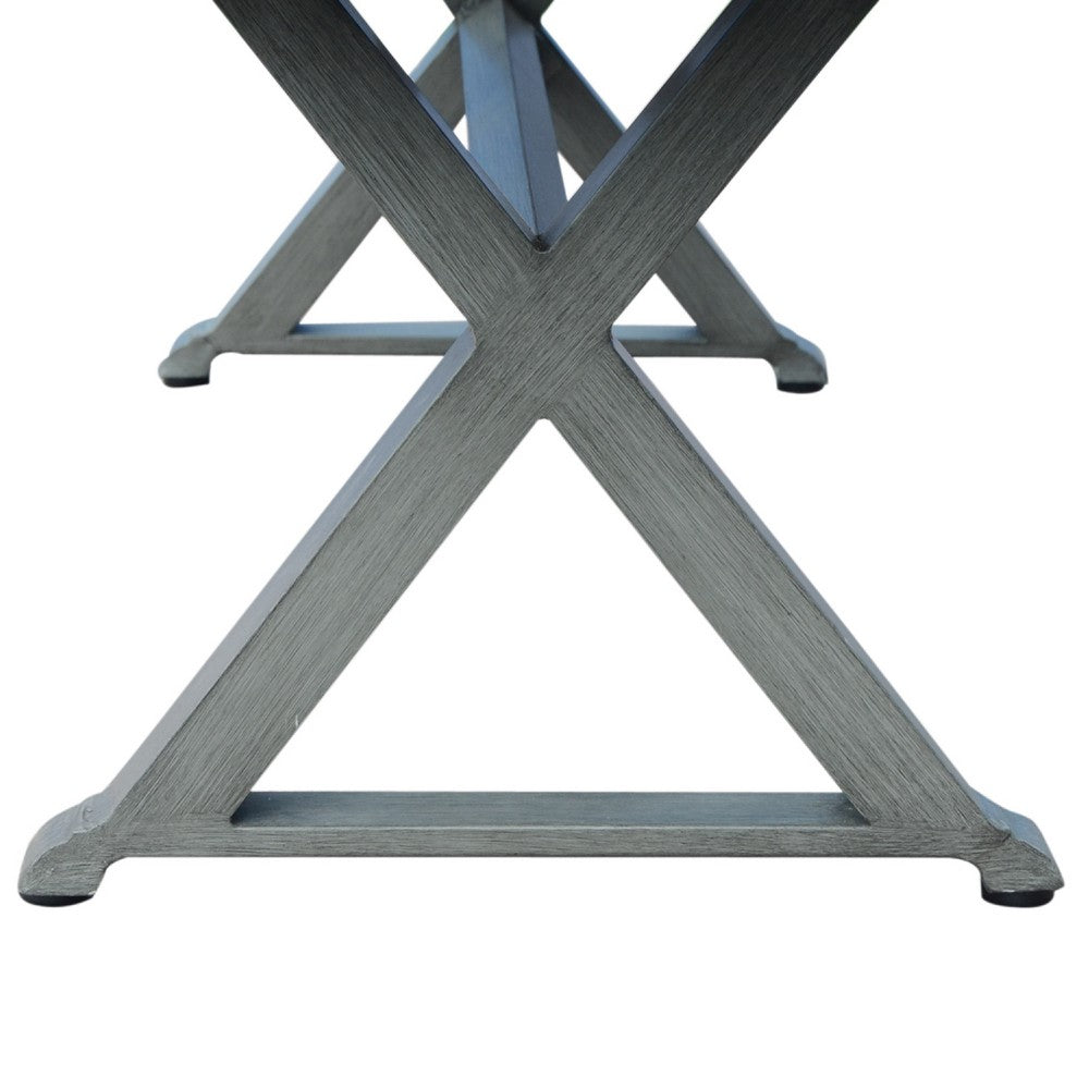 Jica Outdoor Dining Bench, X Shape Legs, Slatted Dark Gray Metal, 59 Inch