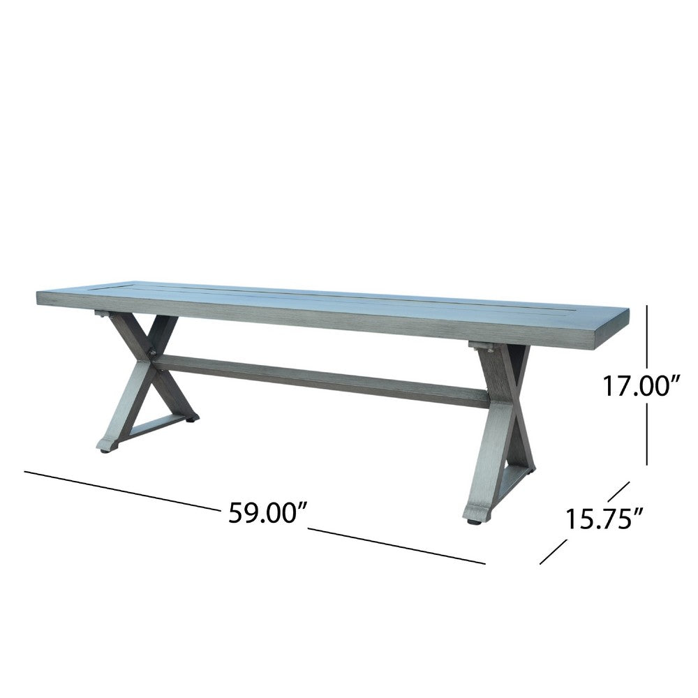 Jica Outdoor Dining Bench, X Shape Legs, Slatted Dark Gray Metal, 59 Inch