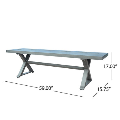 Jica Outdoor Dining Bench, X Shape Legs, Slatted Dark Gray Metal, 59 Inch
