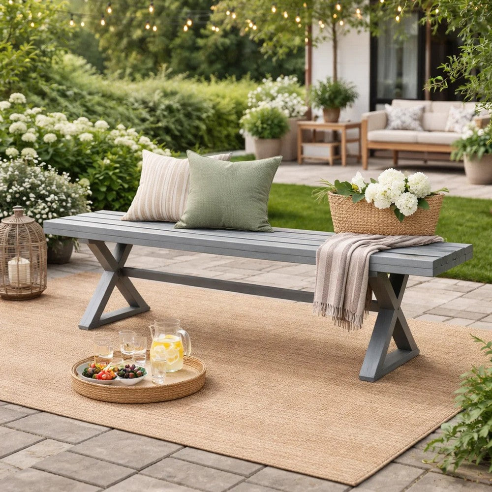 Jica Outdoor Dining Bench, X Shape Legs, Slatted Dark Gray Metal, 59 Inch
