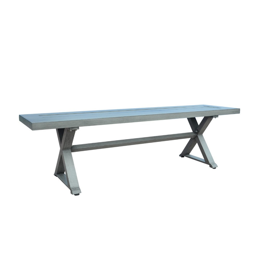 Jica Outdoor Dining Bench, X Shape Legs, Slatted Dark Gray Metal, 59 Inch