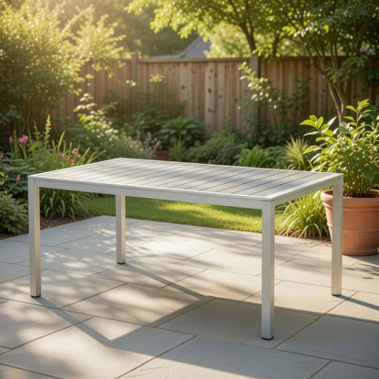 Eoin Outdoor Dining Table, Rectangular 71 Inch Gray Faux Wood, Metal Frame