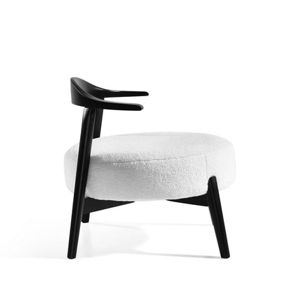 Noel Accent Chair, White Fabric, Round Foam Cushion, Black Wood Frame