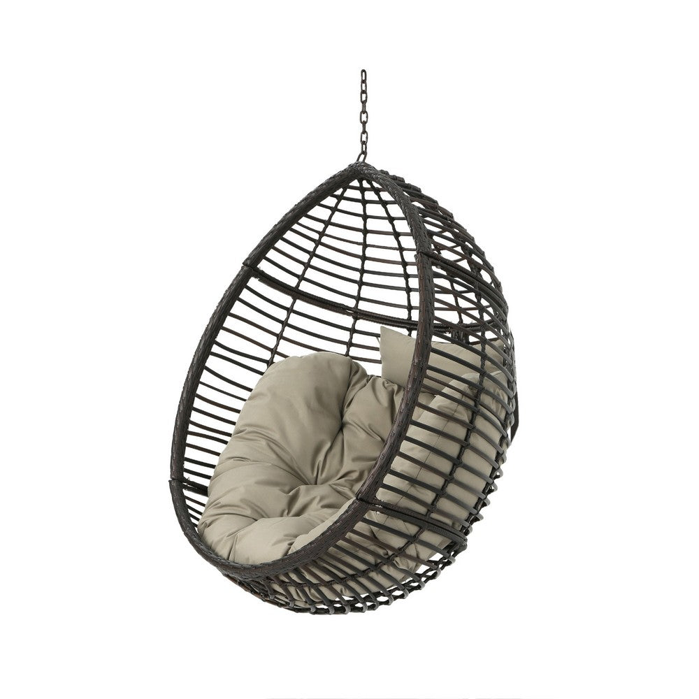 Jaya Outdoor Hanging Chair, Basket Shape, Khaki Brown Rattan, 47 Inch