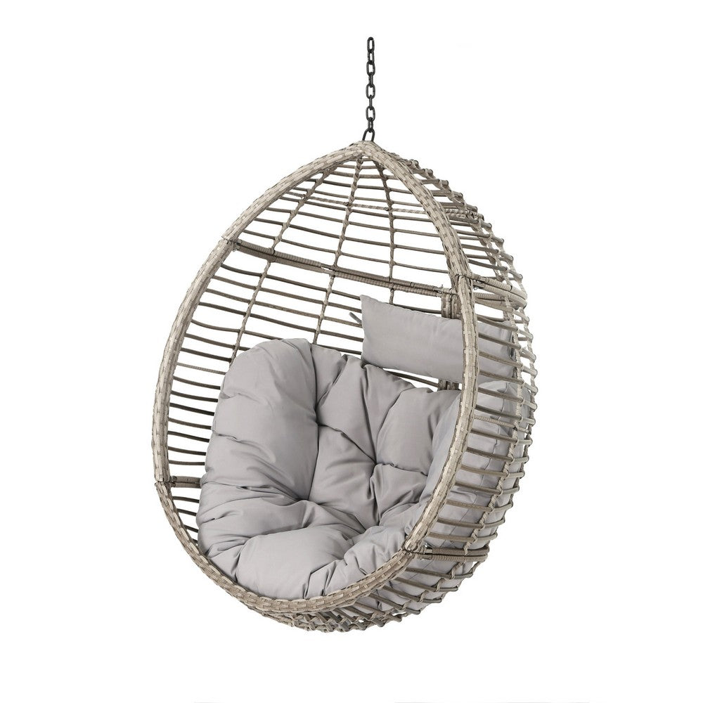 Jaya Outdoor Hanging Chair, Basket Shape, Gray Rattan, Steel, 47 Inch