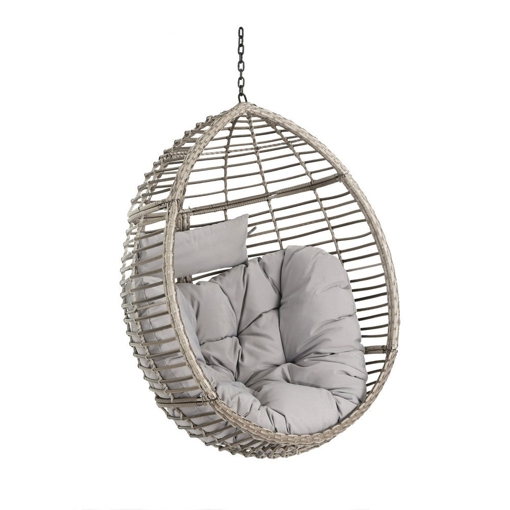 Jaya Outdoor Hanging Chair, Basket Shape, Gray Rattan, Steel, 47 Inch