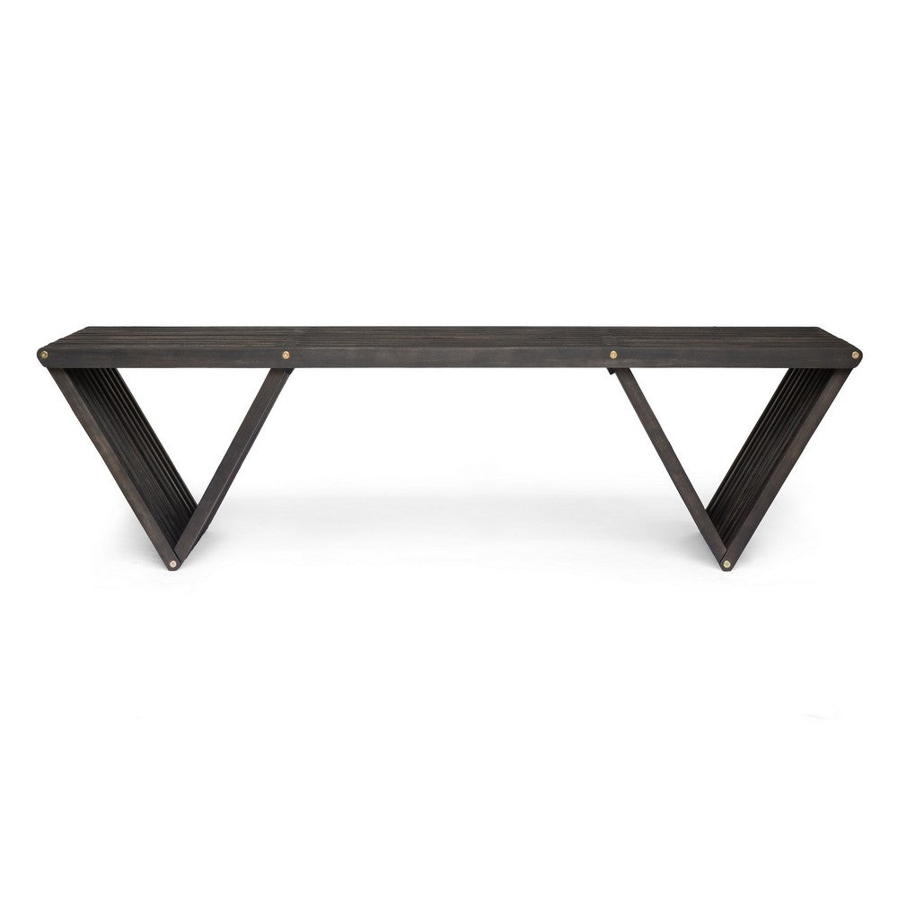 Riah Outdoor Bench, Angled Legs, Slatted 63 Inch Dark Gray Acacia Wood