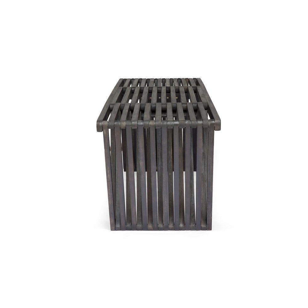 Riah Outdoor Bench, Angled Legs, Slatted 63 Inch Dark Gray Acacia Wood