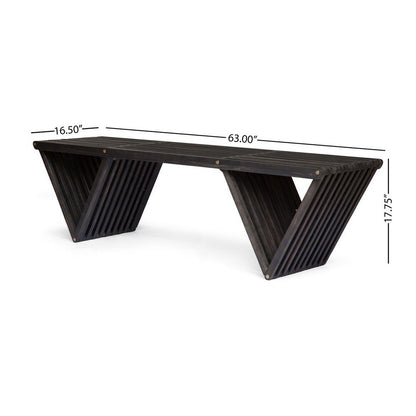 Riah Outdoor Bench, Angled Legs, Slatted 63 Inch Dark Gray Acacia Wood