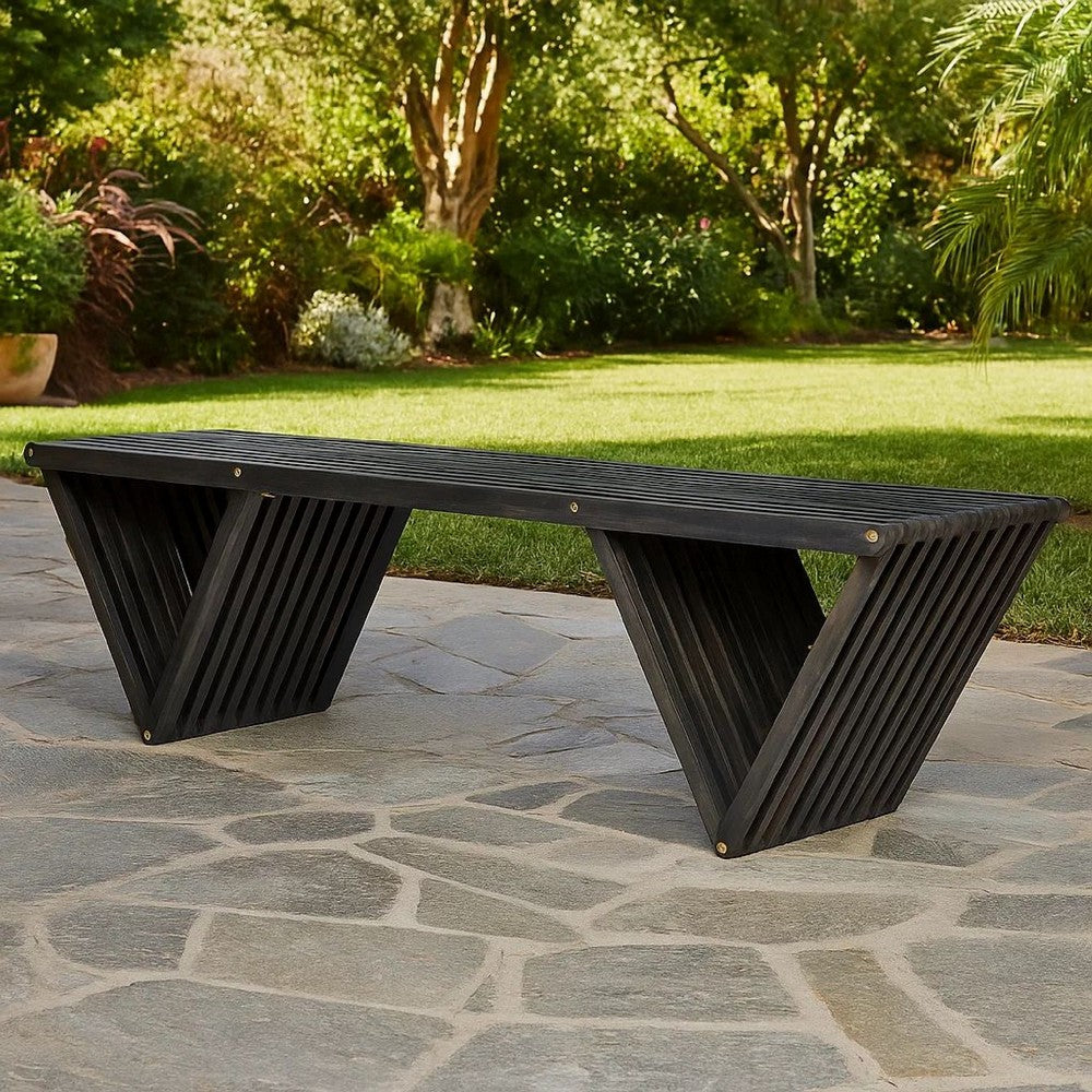 Riah Outdoor Bench, Angled Legs, Slatted 63 Inch Dark Gray Acacia Wood