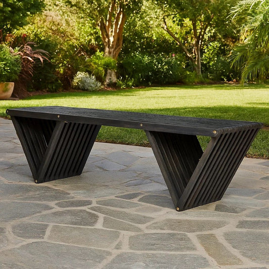 Riah Outdoor Bench, Angled Legs, Slatted 63 Inch Dark Gray Acacia Wood