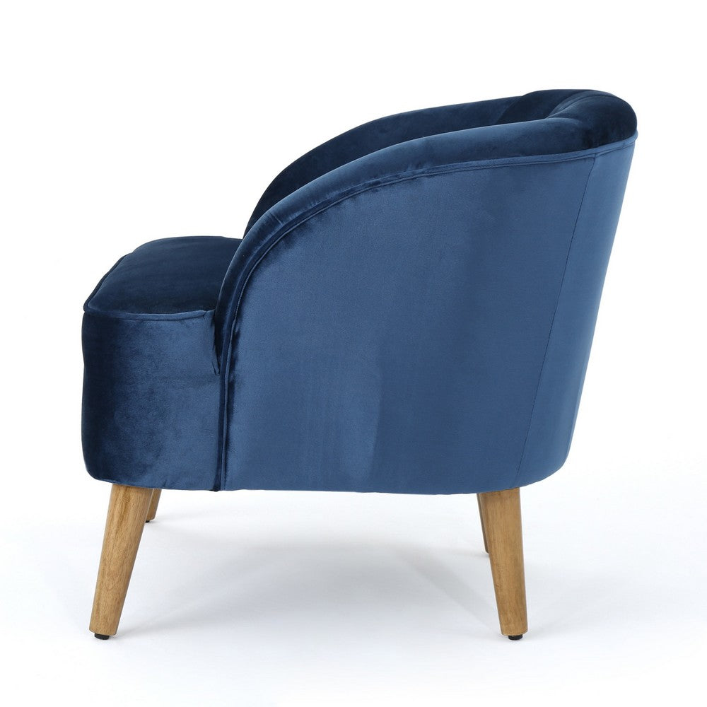 Shale Accent Chair, Navy Blue Velvet, Curved Backrest, Brown Wood Legs