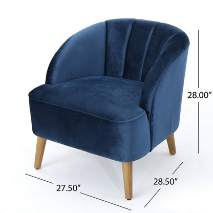 Shale Accent Chair, Navy Blue Velvet, Curved Backrest, Brown Wood Legs