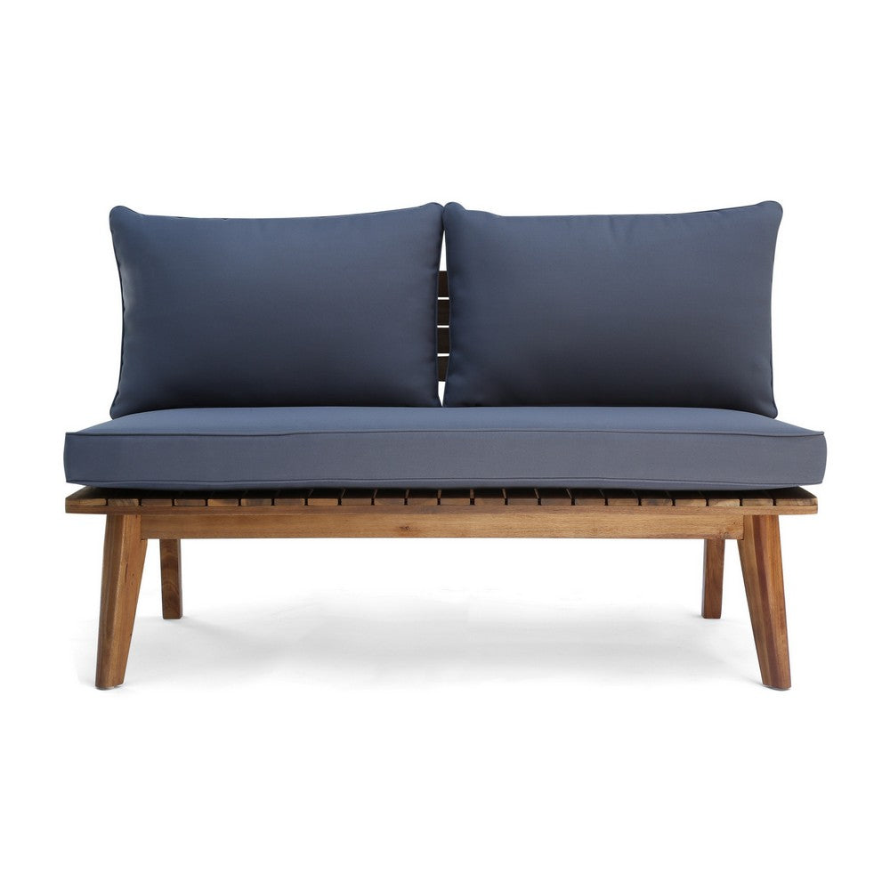 Almo Outdoor Loveseat Bench, Gray Fabric, 49 Inch Brown Acacia Wood