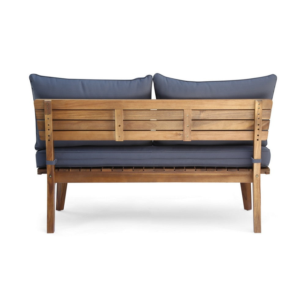 Almo Outdoor Loveseat Bench, Gray Fabric, 49 Inch Brown Acacia Wood