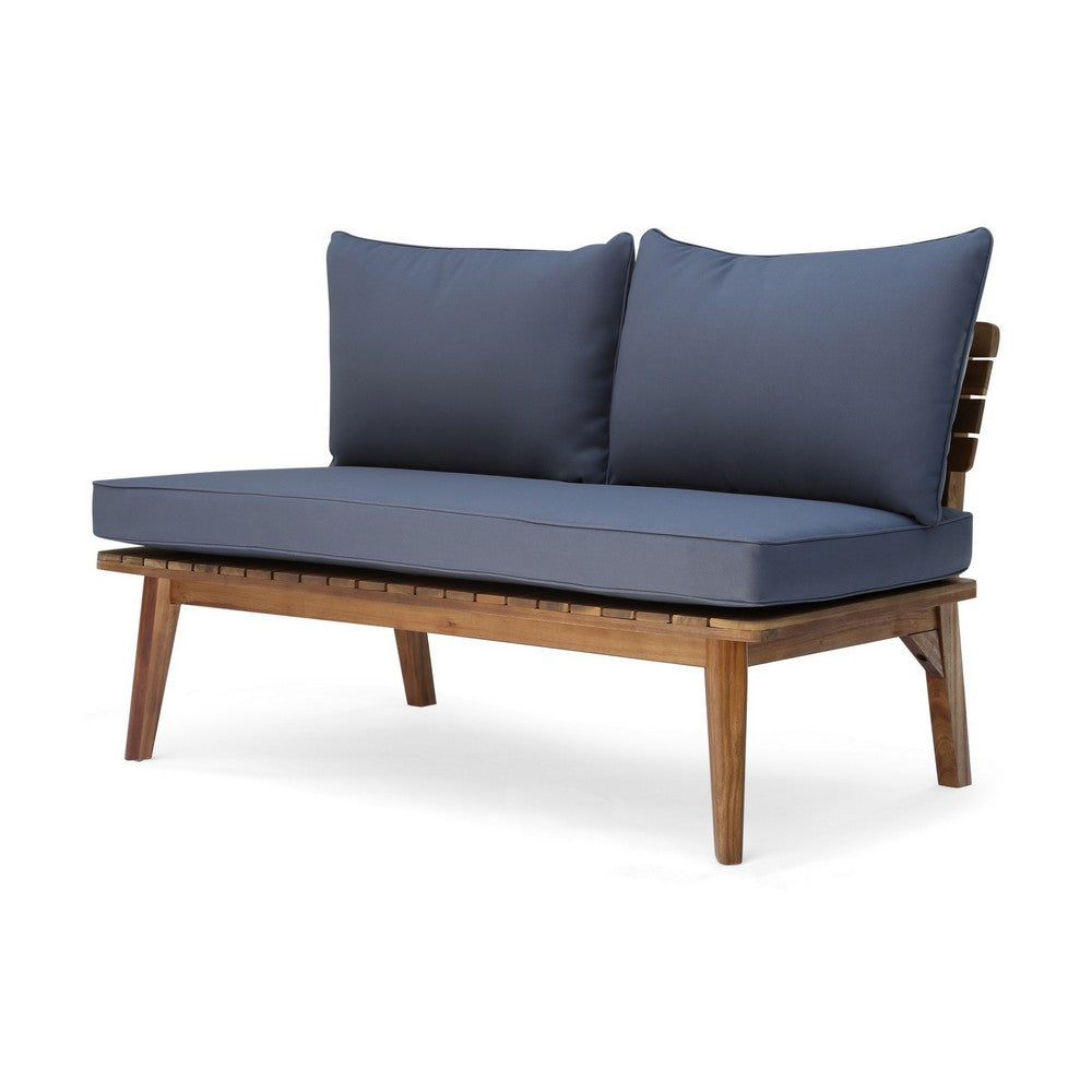 Almo Outdoor Loveseat Bench, Gray Fabric, 49 Inch Brown Acacia Wood
