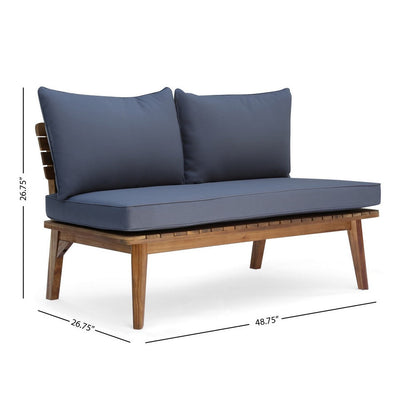 Almo Outdoor Loveseat Bench, Gray Fabric, 49 Inch Brown Acacia Wood