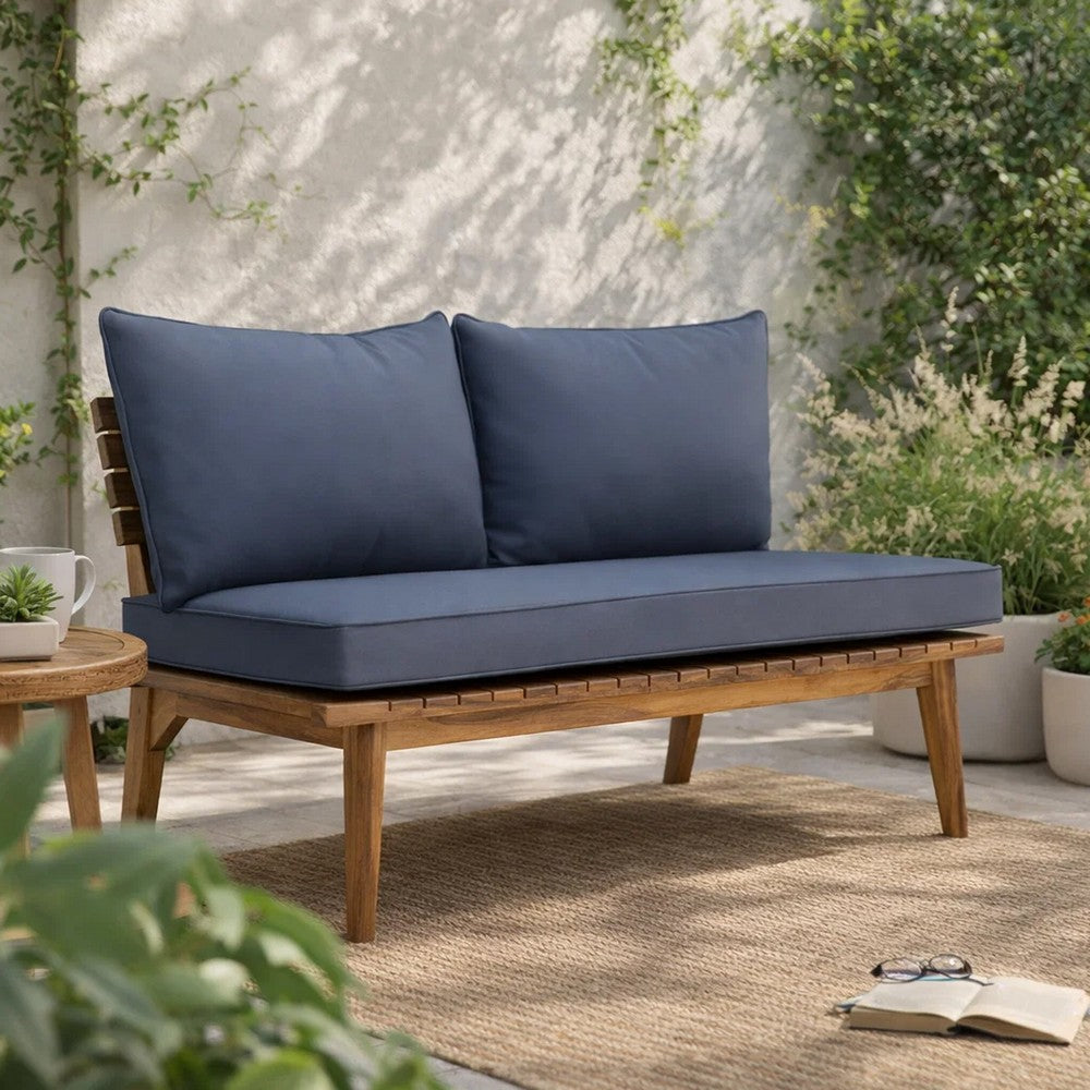 Almo Outdoor Loveseat Bench, Gray Fabric, 49 Inch Brown Acacia Wood