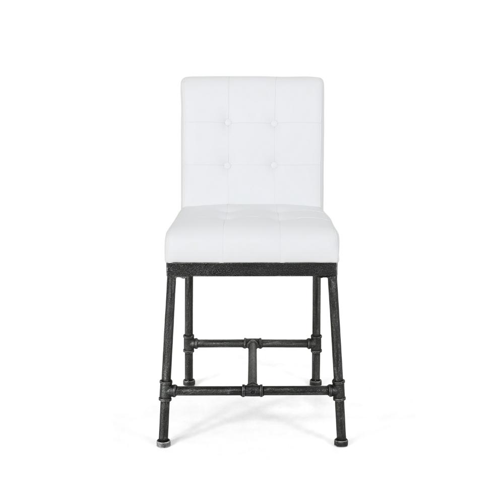 Bruke Counter Height Chair Set of 2, White Tufted Faux Leather, Metal