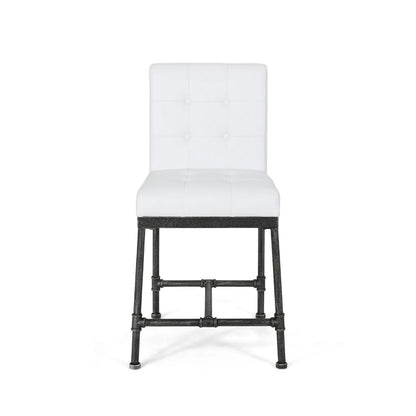 Bruke Counter Height Chair Set of 2, White Tufted Faux Leather, Metal