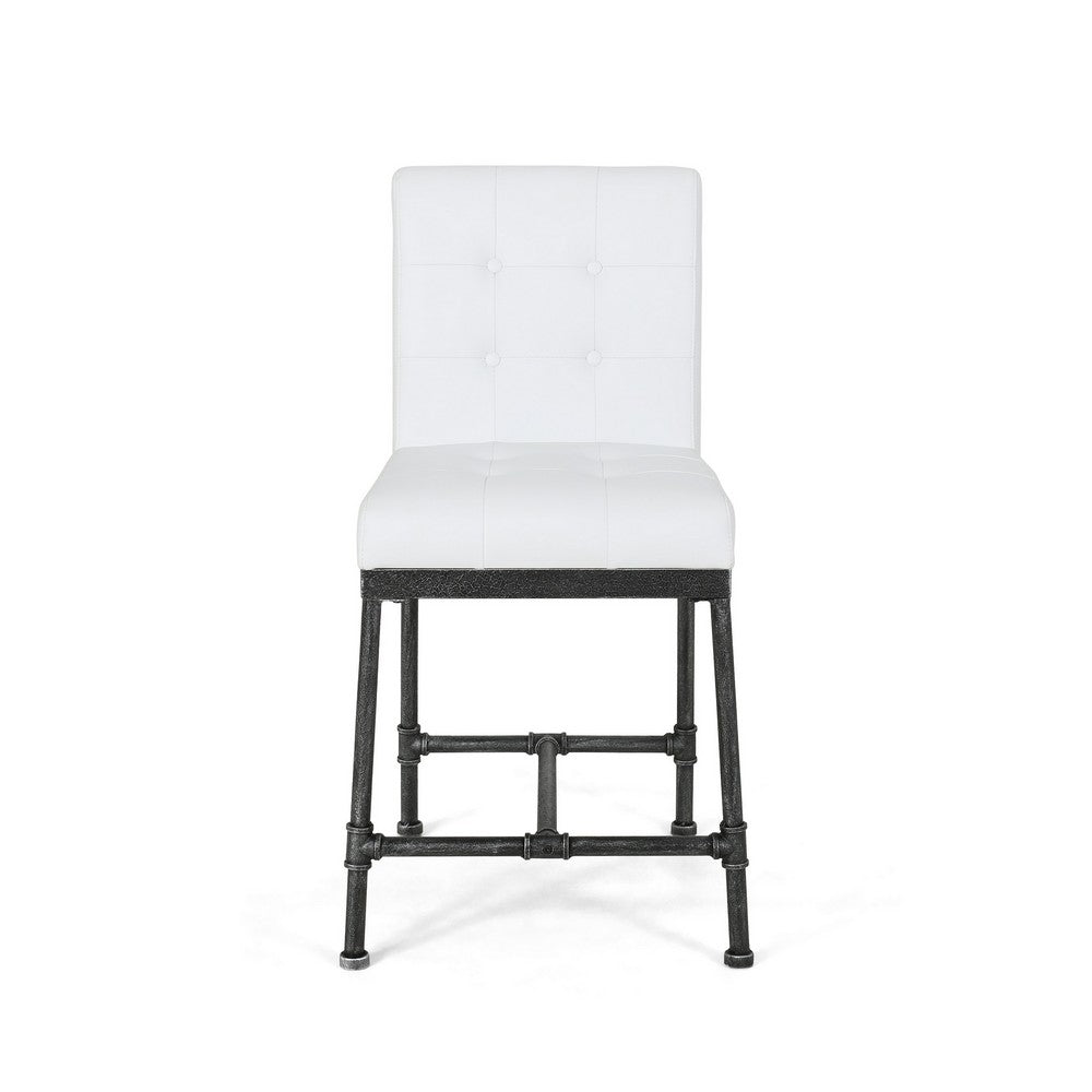 Bruke Counter Height Chair Set of 2, White Tufted Faux Leather, Metal