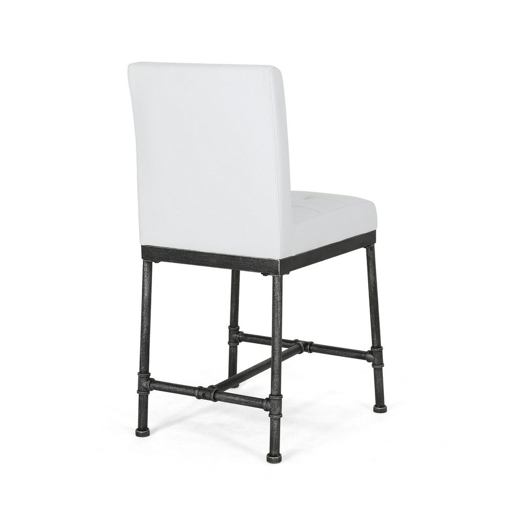 Bruke Counter Height Chair Set of 2, White Tufted Faux Leather, Metal