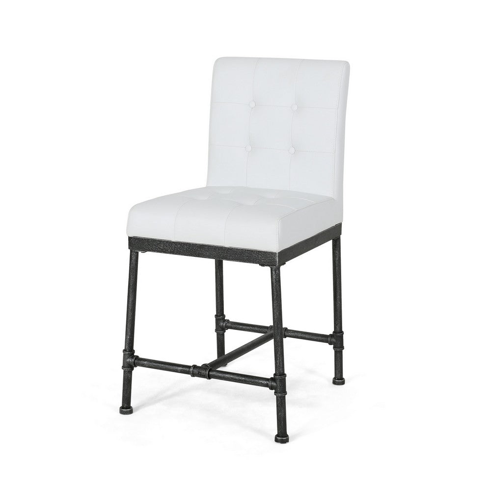Bruke Counter Height Chair Set of 2, White Tufted Faux Leather, Metal