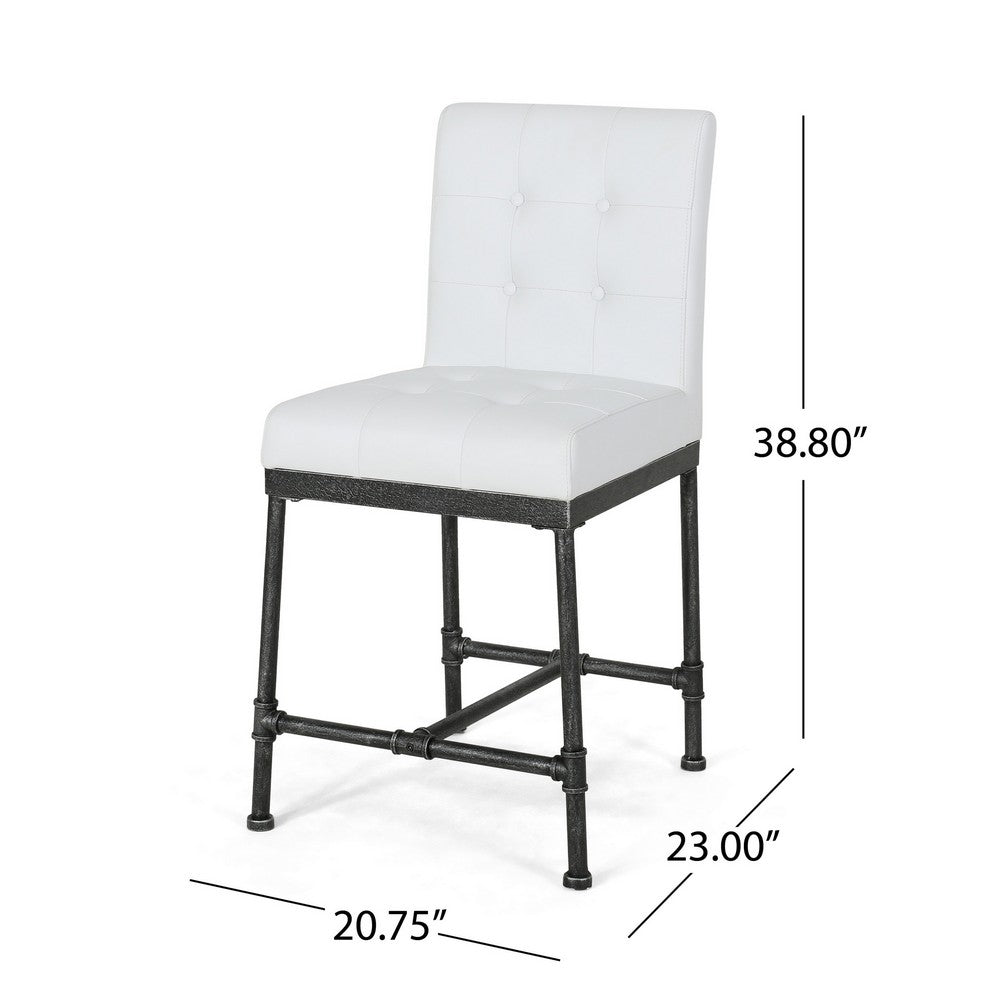 Bruke Counter Height Chair Set of 2, White Tufted Faux Leather, Metal