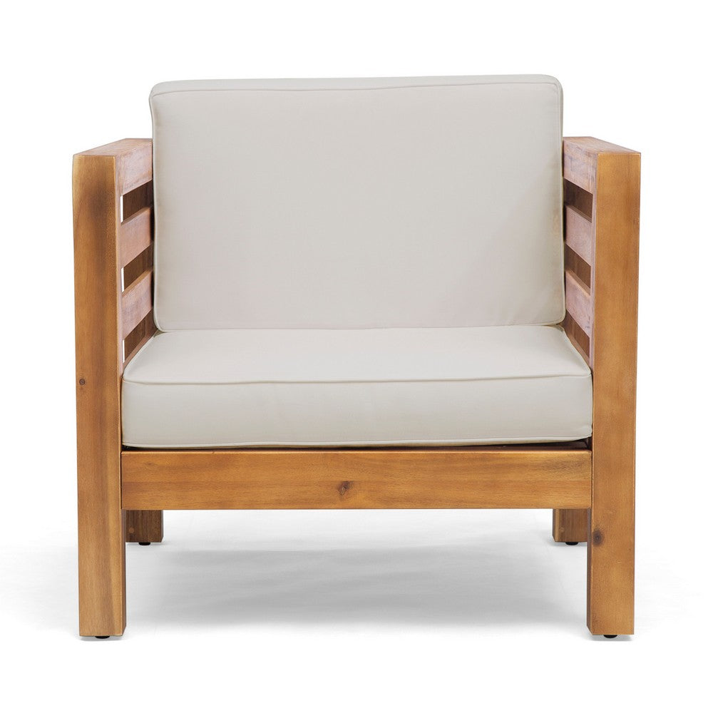 Carie Outdoor Accent Chair, Beige, Soft Cushions, Brown Acacia Wood