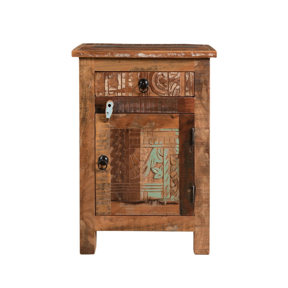 Cherry End Table, Distressed Painted Drawer and Cabinet, Brown Wood