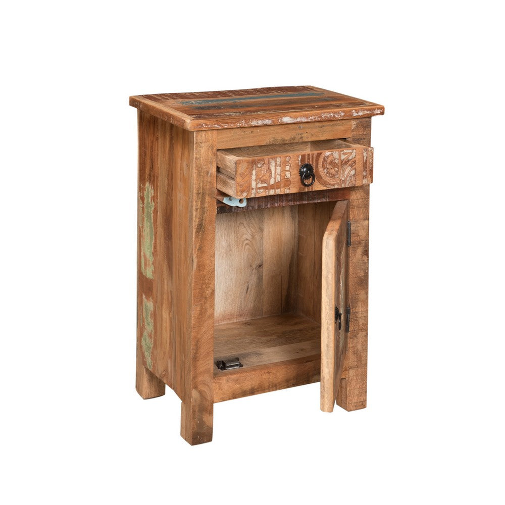 Cherry End Table, Distressed Painted Drawer and Cabinet, Brown Wood