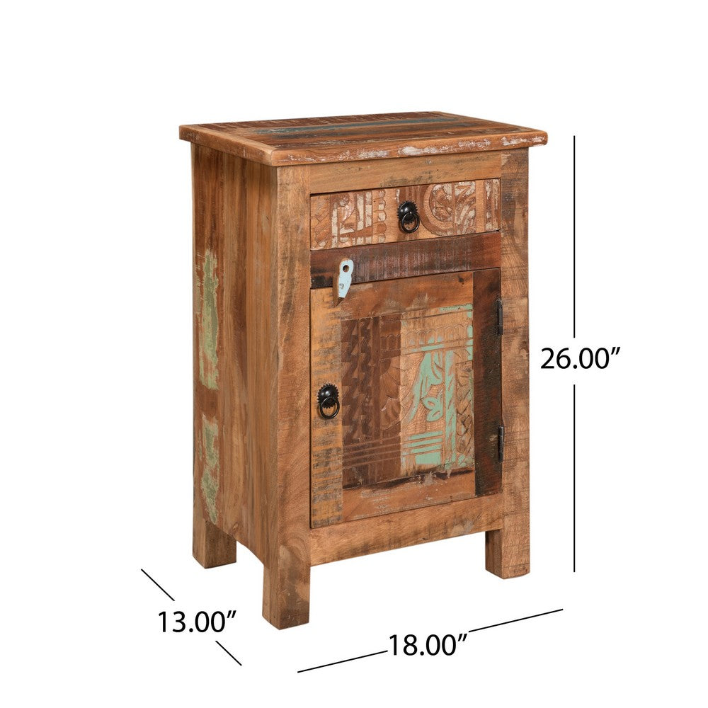 Cherry End Table, Distressed Painted Drawer and Cabinet, Brown Wood