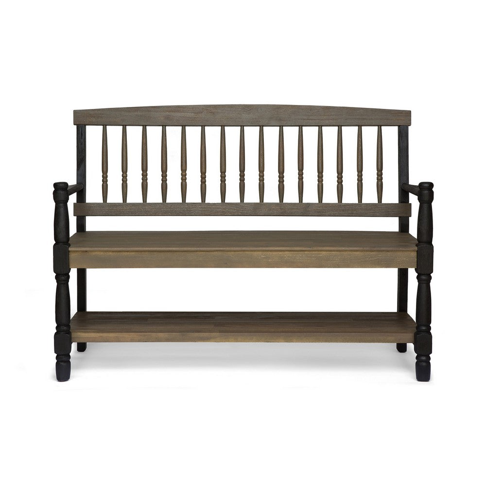 Ikra Outdoor Bench with Shelf, 51 Inch Carved Gray Acacia Wood, Black