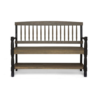 Ikra Outdoor Bench with Shelf, 51 Inch Carved Gray Acacia Wood, Black