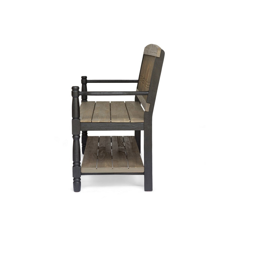 Ikra Outdoor Bench with Shelf, 51 Inch Carved Gray Acacia Wood, Black